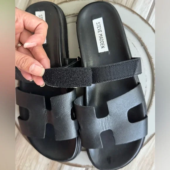 Steve Madden Mayven Slide Sandal Women’s 9.5 Black Leather Adjustable‎ Strap - Picture 4 of 7